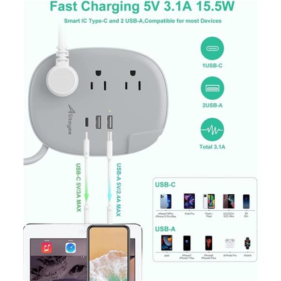 USB C Travel Power Strip,Alitayee Portable Power Strips with 3Outlets 3 USB Port - Picture 5 of 5